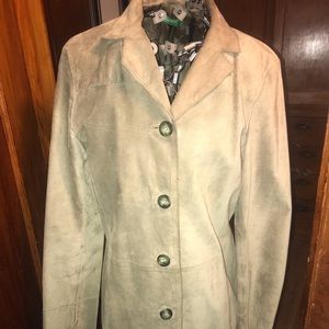 Like new mid thigh light green leather coat